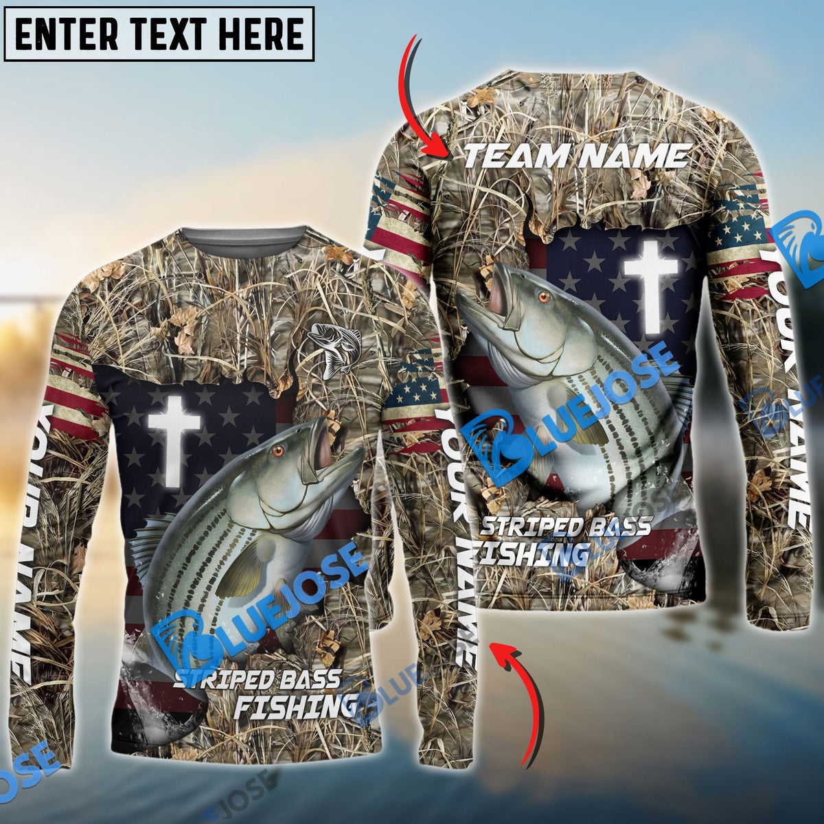 Bluejose Striped Bass Fishing Cross Camo Custom Name &amp; Team Name 3D Shirts