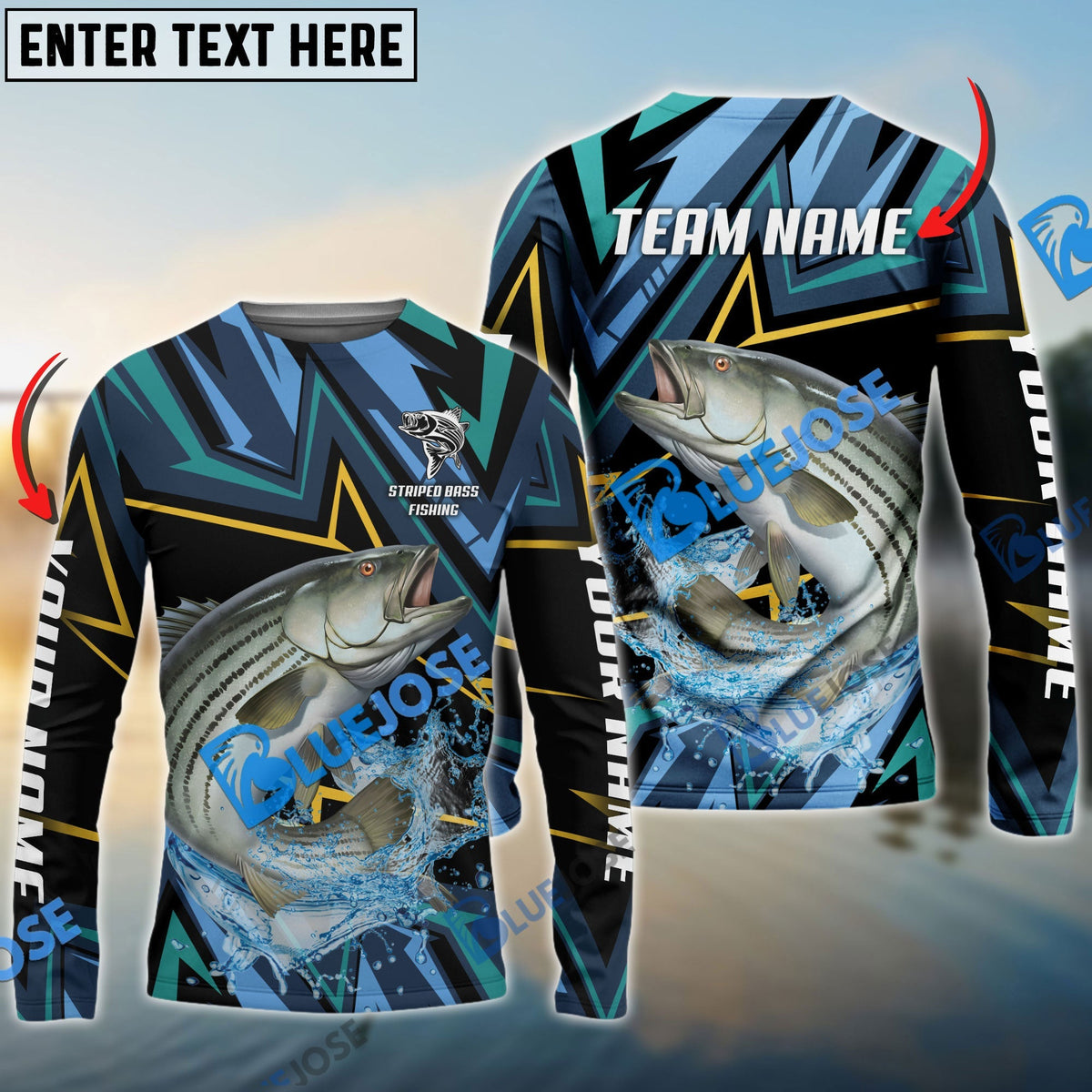 Bluejose Striped Bass Fishing Lightning Pattern Sport Custom Name &amp; Team Name 3D Shirts