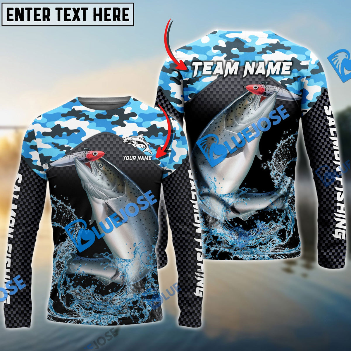 Bluejose Salmon Fishing Blue Camo Sport Custom Name &amp; Team Name 3D Shirts