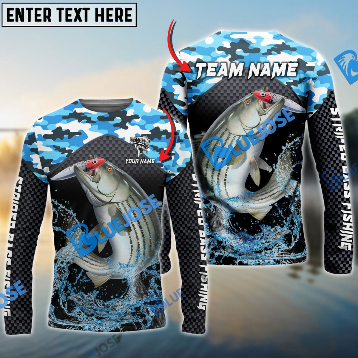 Bluejose Striped Bass Fishing Blue Camo Sport Custom Name &amp; Team Name 3D Shirts