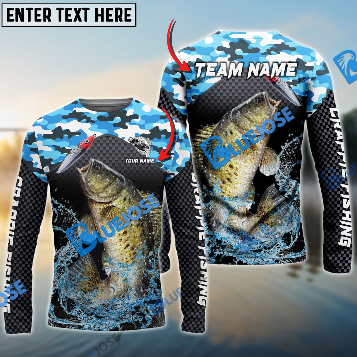 Bluejose Crappie Fishing Blue Camo Sport Custom Name &amp; Team Name 3D Shirts