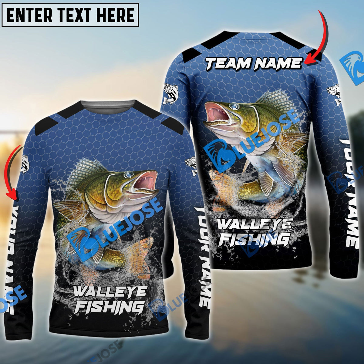 Bluejose Walleye Fishing Navy Hexagon Sport Custom Name &amp; Team Name 3D Shirts