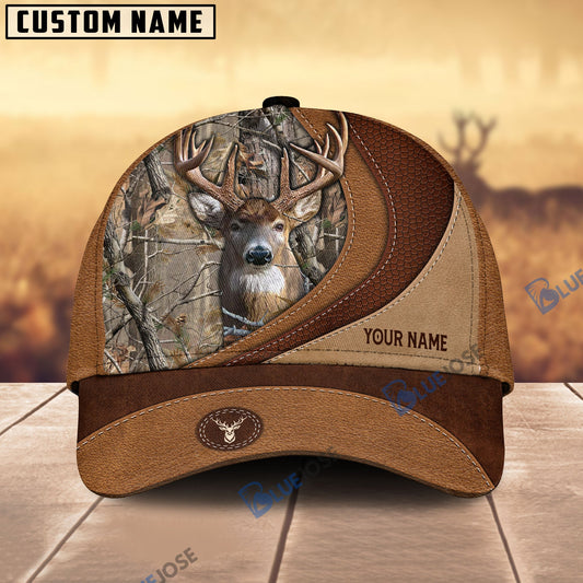 BlueJose Deer Hunting Brown Leather Pattern Personalized Name Cap (5 Colors)