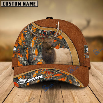 BlueJose Elk Hunting Light Brown Leather Pattern Personalized Name Cap