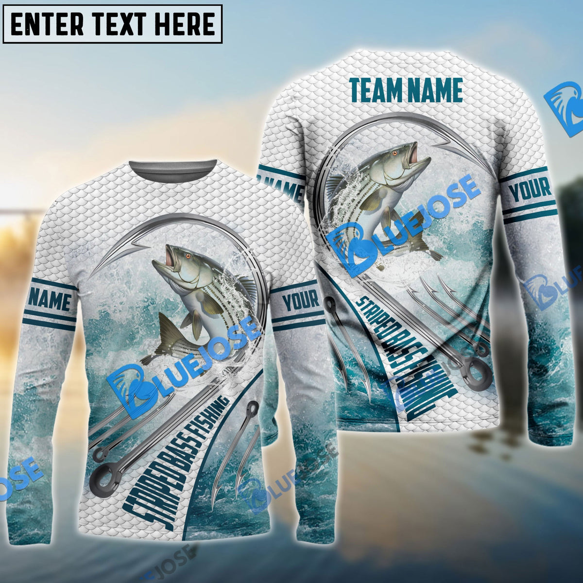Bluejose Striped Bass Fishing White Fin Water Sport Custom Name &amp; Team Name 3D Shirts