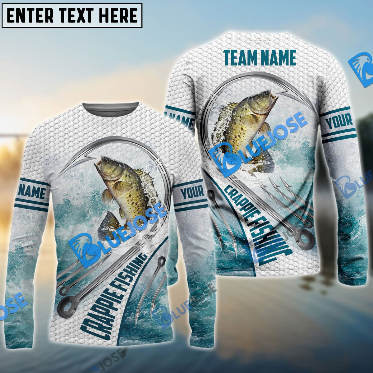 Bluejose Crappie Fishing White Fin Water Sport Custom Name &amp; Team Name 3D Shirts