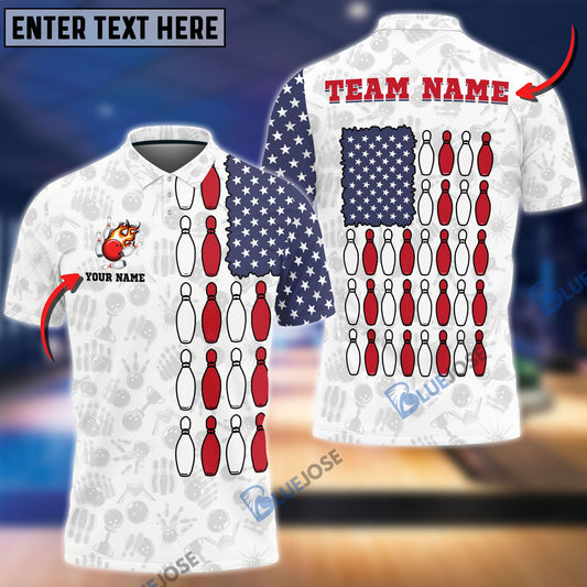 BlueJoses Bowling US Flag Shoulder Customized Name, Team Name 3D Shirt (Black & White)