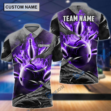 BlueJoses Fire Gray Bowling and Pins Personalized Name Team Name 3D Shirt