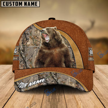 BlueJose Bear Hunting Light Brown Leather Pattern Personalized Name Cap