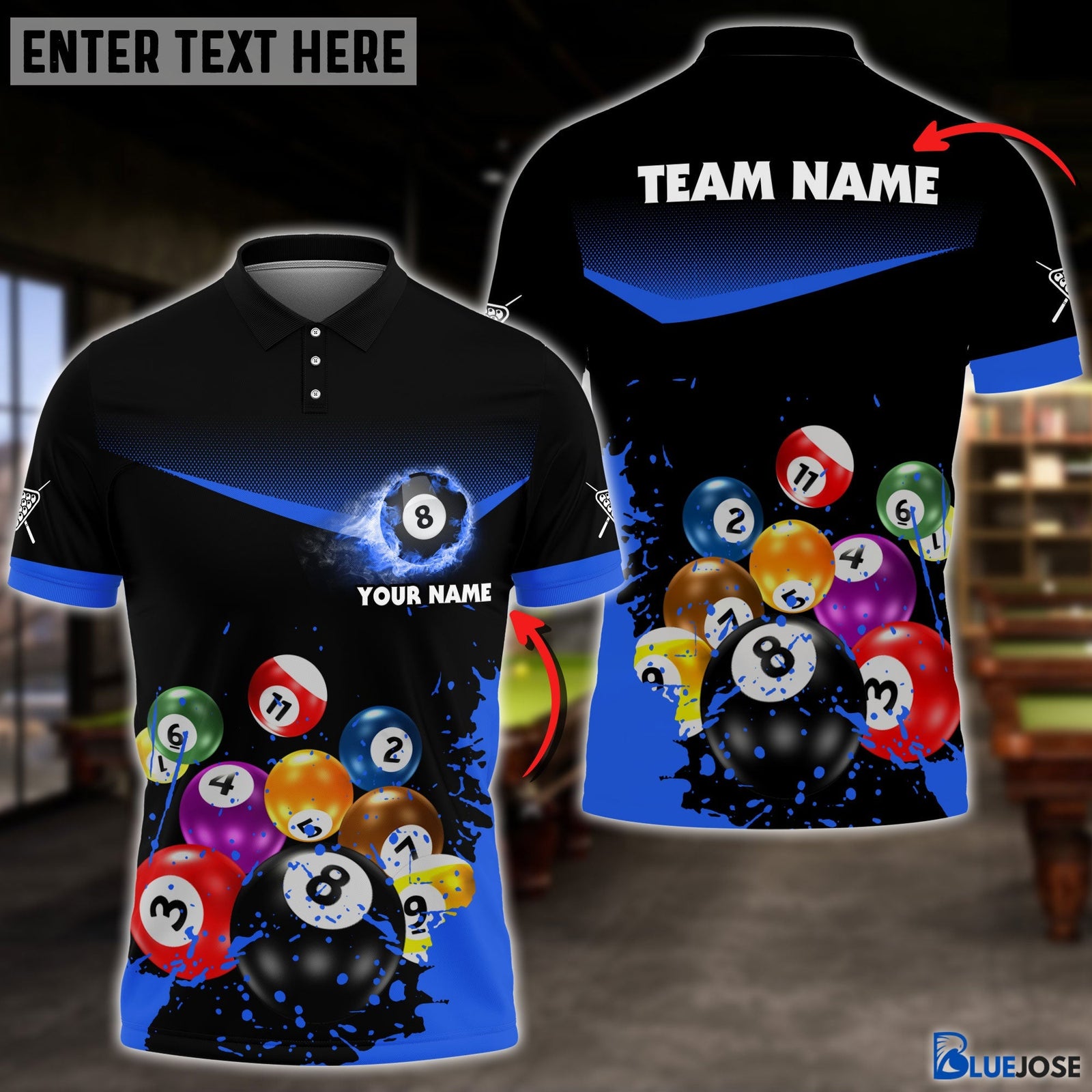BlueJose Billiards Paint Pattern Personalized Name, Team Name Unisex Shirt
