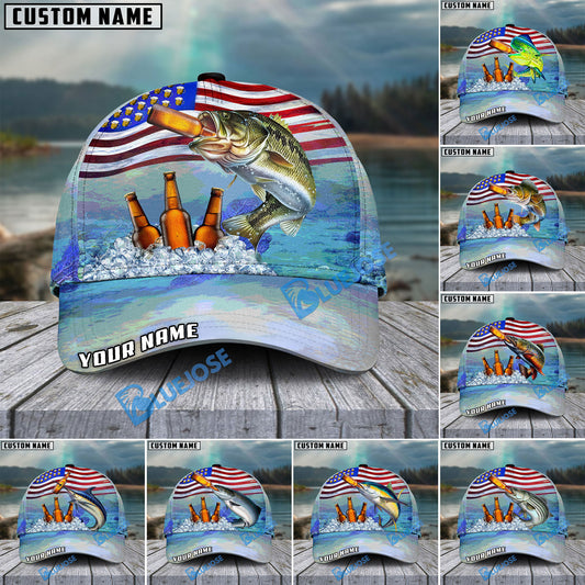 BlueJose Fishing American Flag Beer Personalized Cap (Bass, Walleye, Trout, Catfish, Crappie, Striped Bass, Salmon, Pike, Tuna, Marlin, Mahi-mahi)