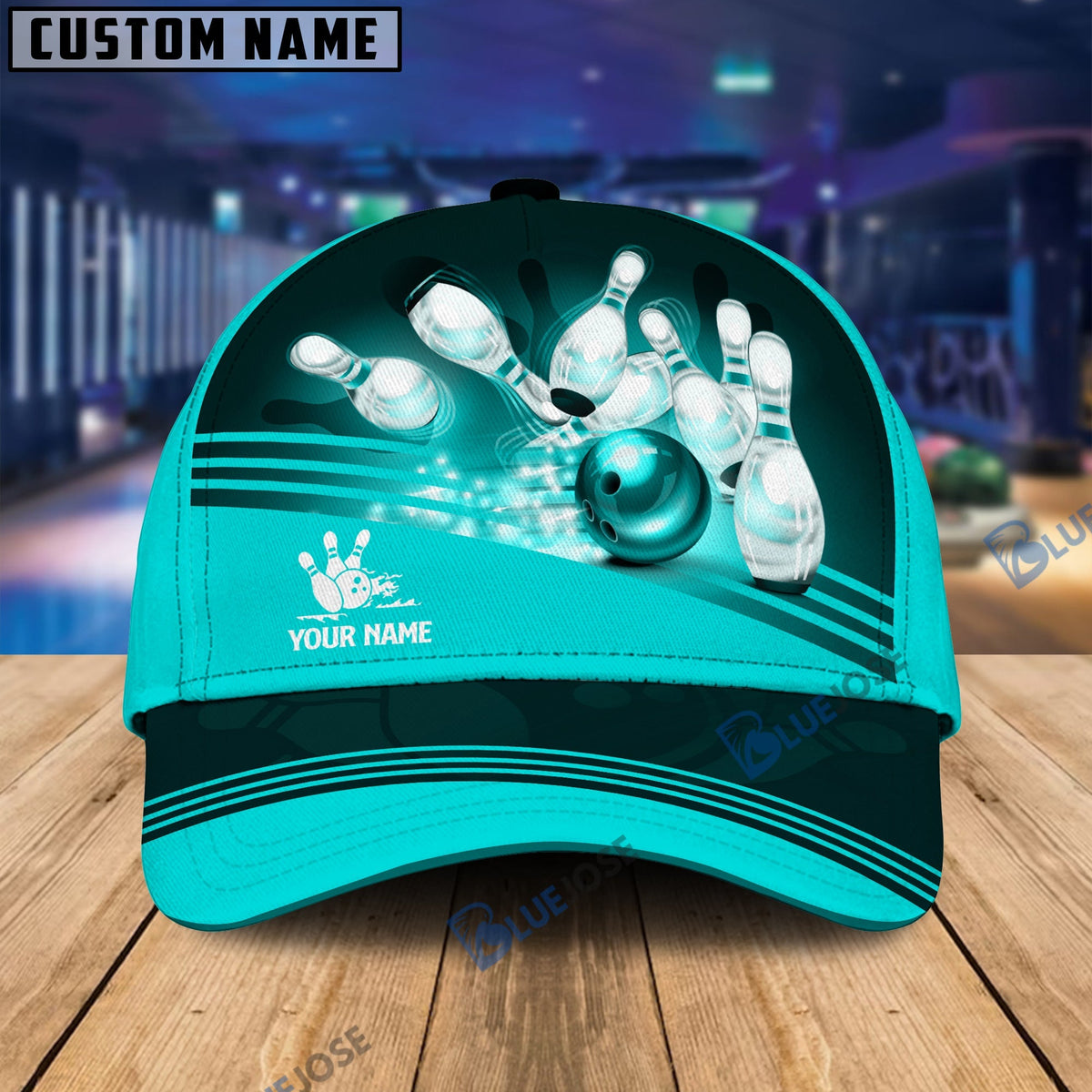 BlueJoses Red Bowling Ball Crashing into the Pins Personalized Name Cap