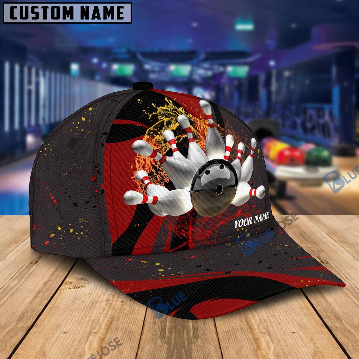BlueJose Bowling And Pins Water Flow Multicolor Option Personalized Name Cap