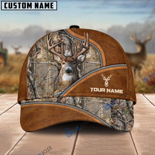 BlueJose Deer Hunting Premium Brown Leather Pattern Personalized Name Cap