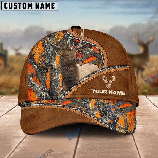 BlueJose Elk Hunting Premium Brown Leather Pattern Personalized Name Cap