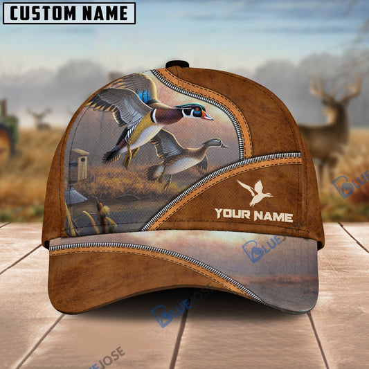 BlueJose Duck Hunting Premium Brown Leather Pattern Personalized Name Cap