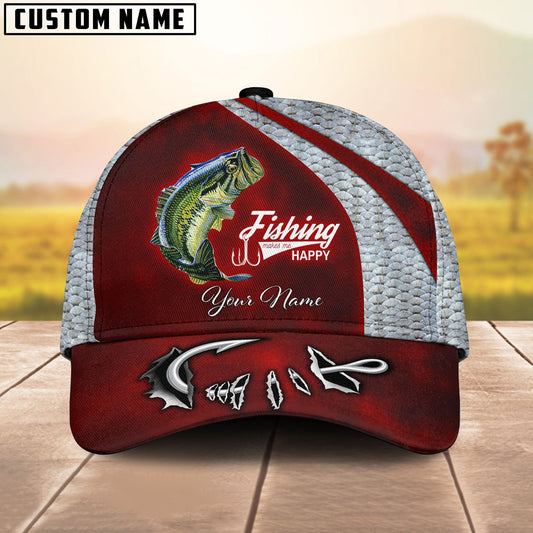 BlueJose Custom Name Bass Fishing Red Hat Hook Print Cap