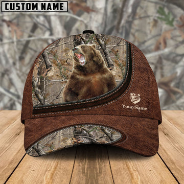 BlueJose Bear Hunting Leather Zip Pattern Personalized Name Cap