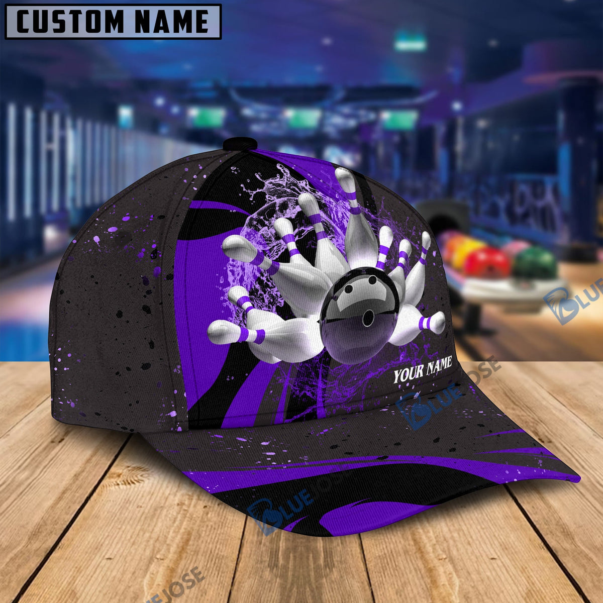 BlueJose Bowling And Pins Water Flow Multicolor Option Personalized Name Cap