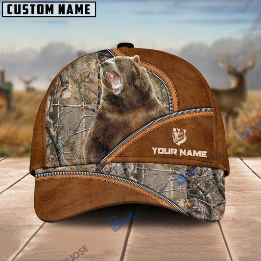 BlueJose Bear Hunting Premium Brown Leather Pattern Personalized Name Cap