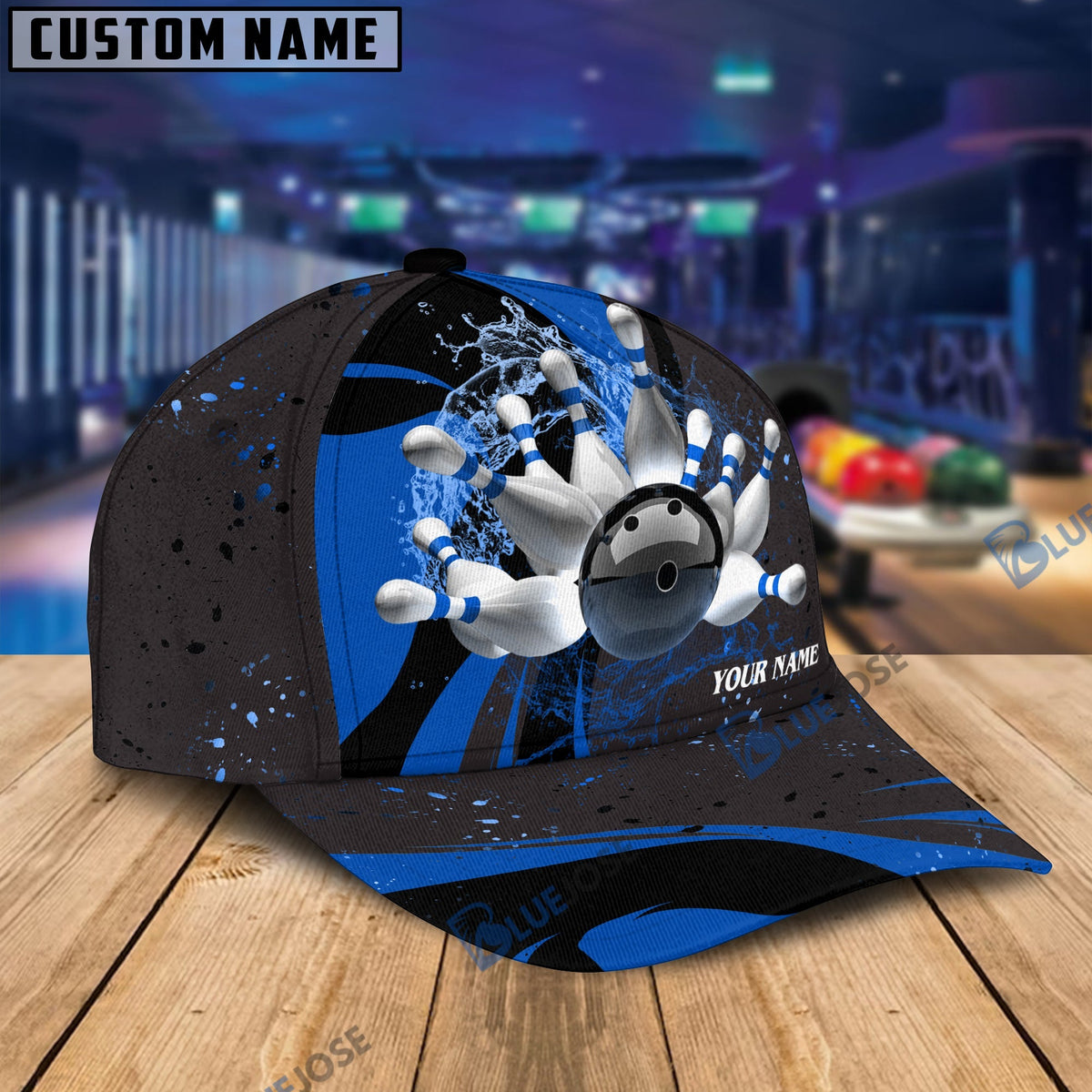 BlueJose Bowling And Pins Water Flow Multicolor Option Personalized Name Cap
