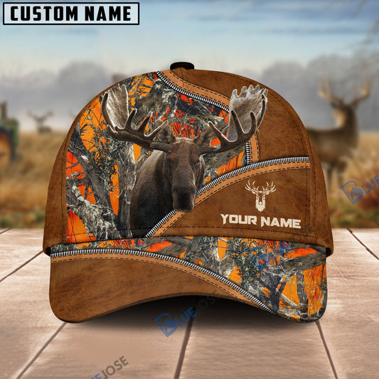 BlueJose Moose Hunting Premium Brown Leather Pattern Personalized Name Cap