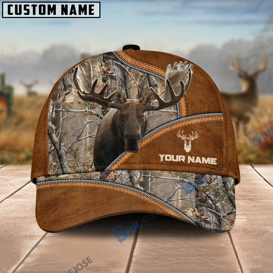 BlueJose Moose Hunting Premium Brown Leather Pattern Personalized Name Cap