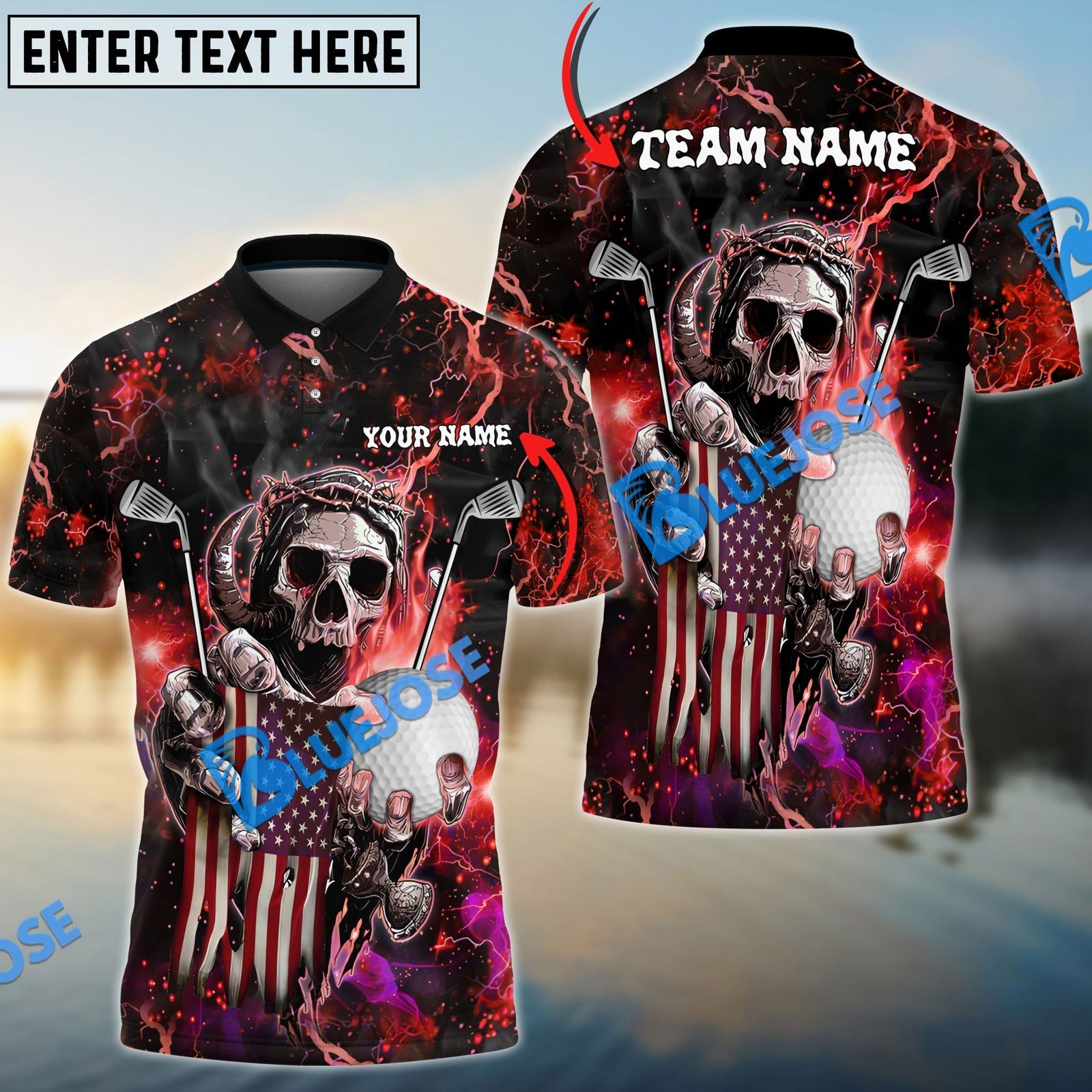 BlueJose Golf Fire Skull US Flag Customized Name, Team Name 3D Shirts (6 Colors)