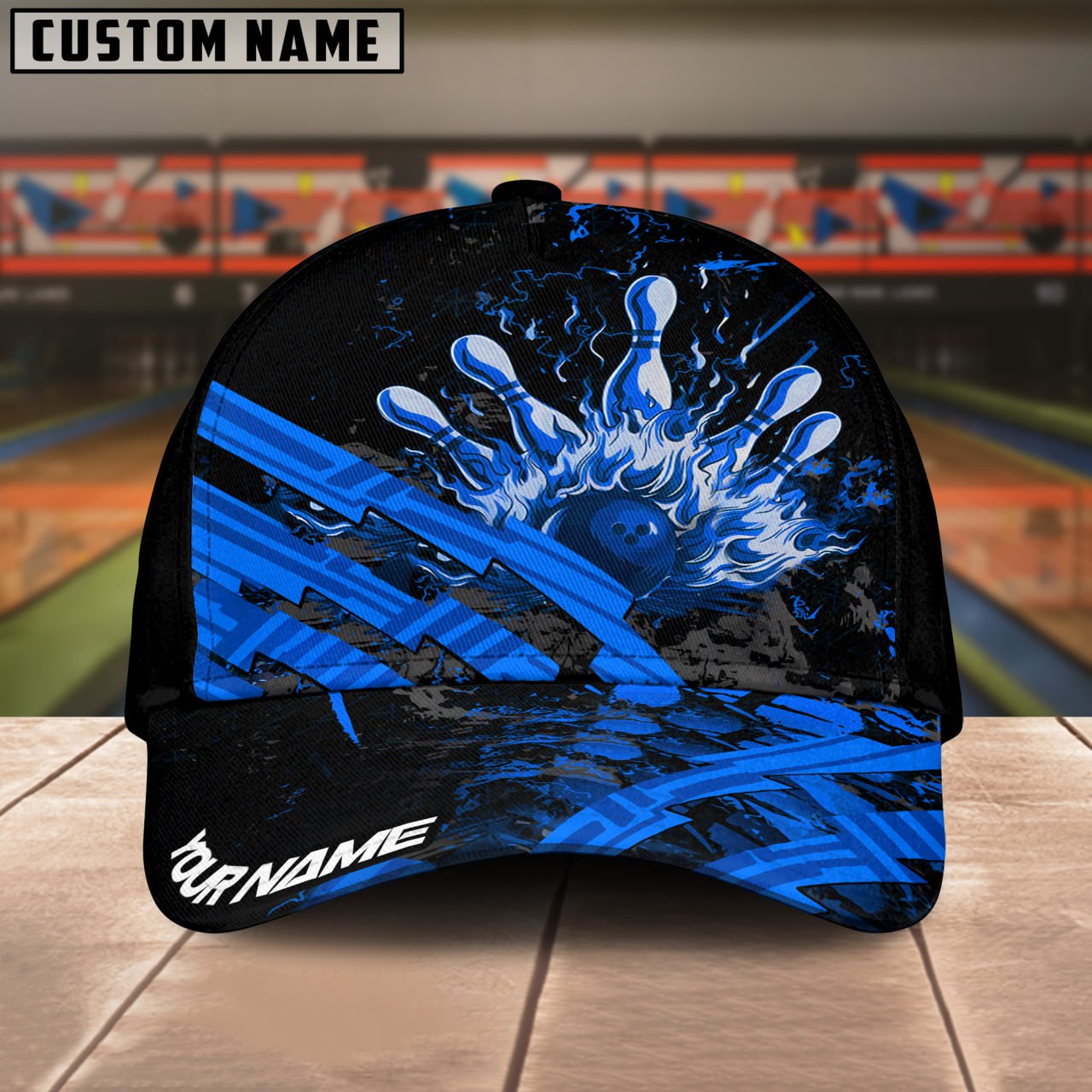 BlueJoses Bowling And Pins Grunge Flame Multicolor Personalized Name Cap