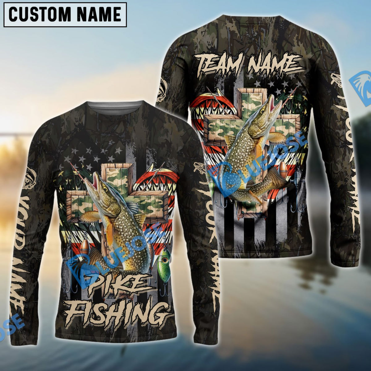Bluejose Pike Fishing American Flag Camo Cross Gear Custom Name &amp; Team Name 3D Shirts