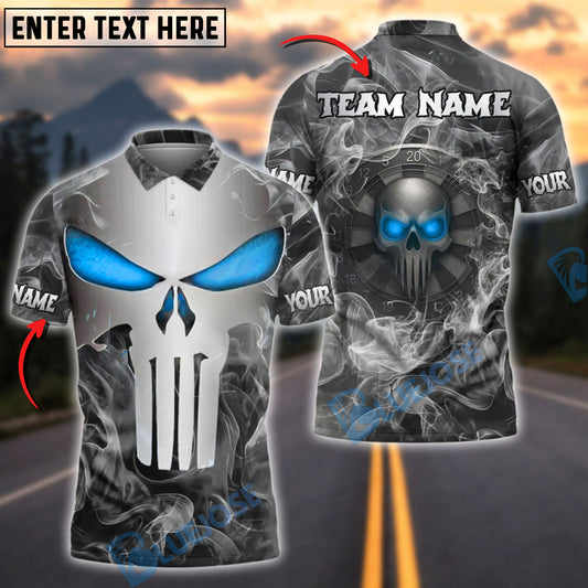 BlueJose Darts Punisher Skull Metal Smoke Customized Name, Team Name 3D Shirt (4 Colors)