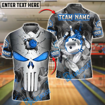 BlueJose Bowling And Pins Punisher Skull Metal Smoke Customized Name, Team Name 3D Shirt (4 Colors)