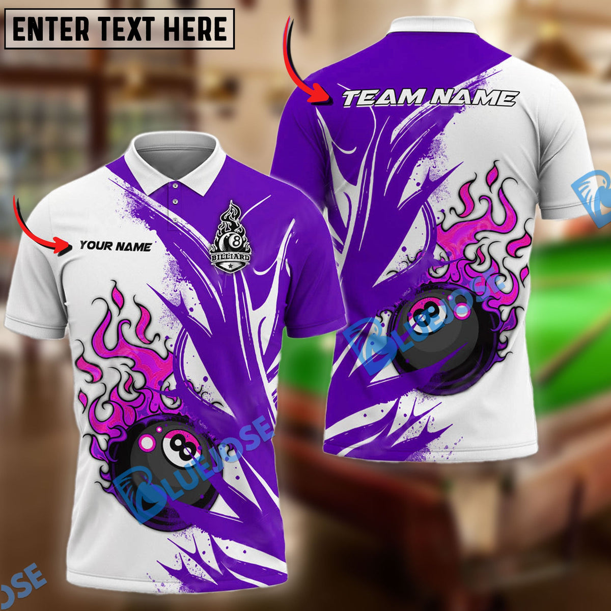 BlueJose Billiards Ball 8 Rot Fire Personalized Name & Team Name Shirt (4 Colors)