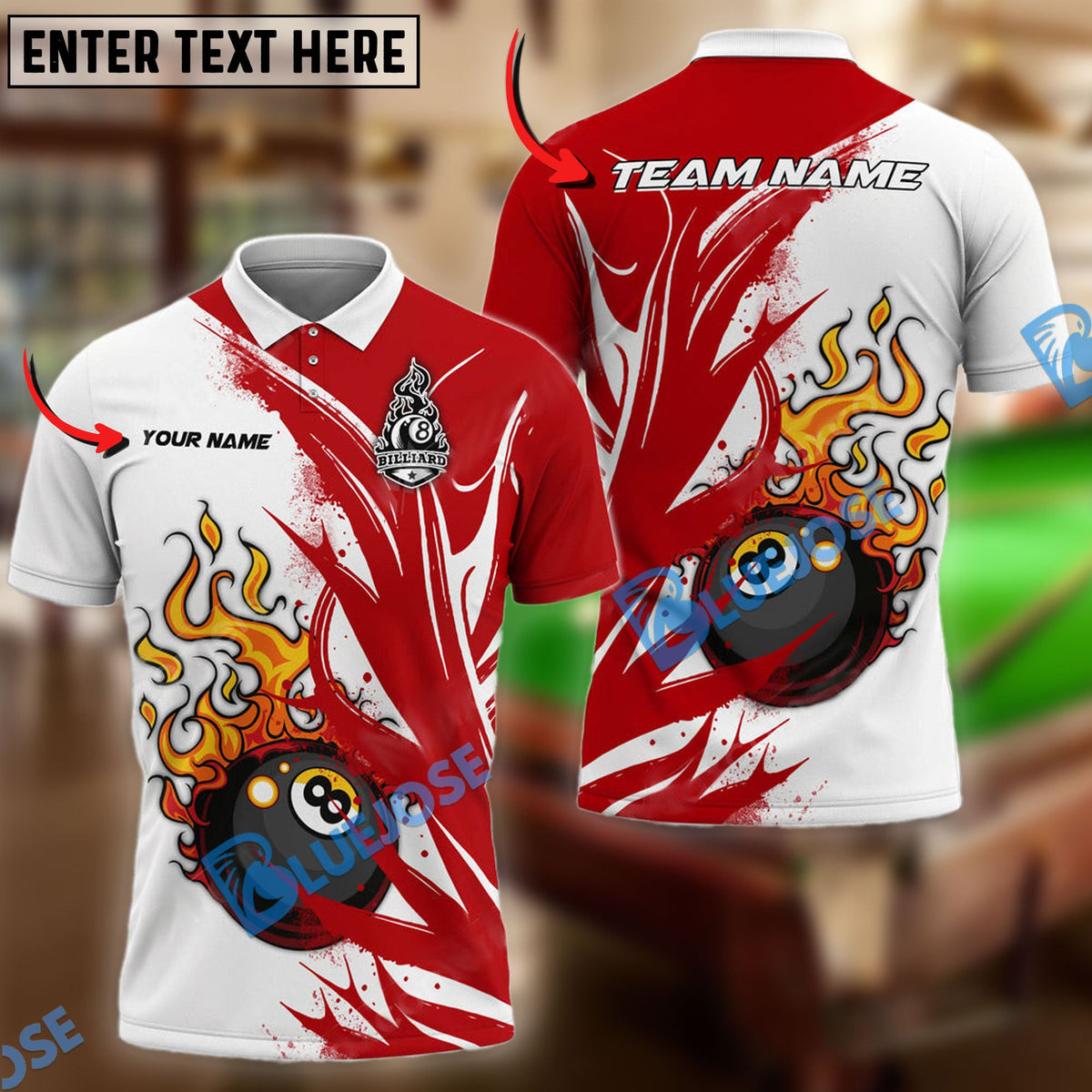 BlueJose Billiards Ball 8 Rot Fire Personalized Name &amp; Team Name Shirt (4 Colors)