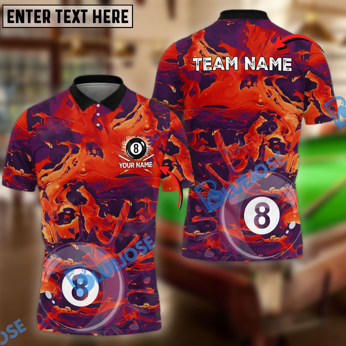 BlueJose Billiards Ball 8 Hollow Flame Personalized Name &amp; Team Name Shirt (4 Colors)