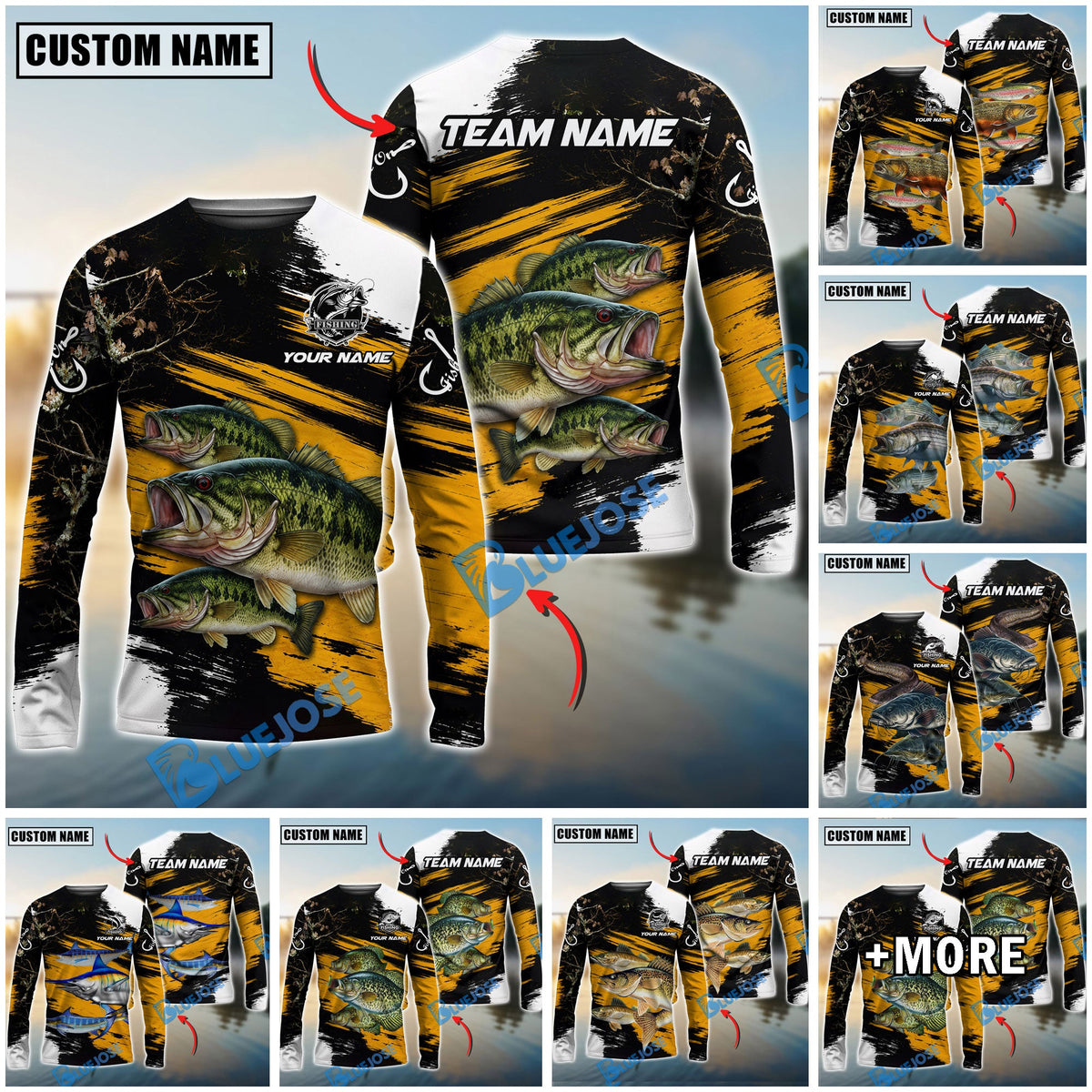 Bluejose Fishing Yellow Rustic Camouflage Custom Name &amp; Team Name 3D Shirts (12 Breeds)