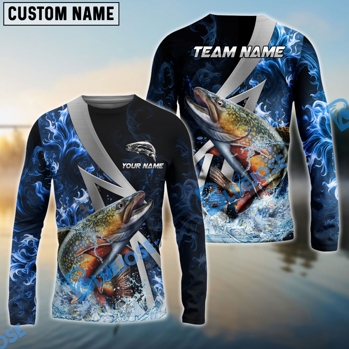 Bluejose Trout Fishing Blue Fire Splash Custom Name &amp; Team Name 3D Shirts