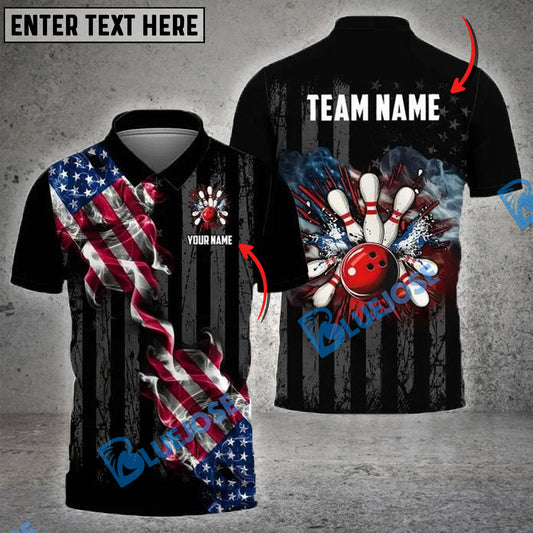 BlueJoses Bowling And Pins Black Smoke American Flag Customized Name, Team Name 3D Shirt