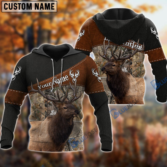 BlueJose Customized Name Elk Hunting Brown Leather Pattern 3D Shirts